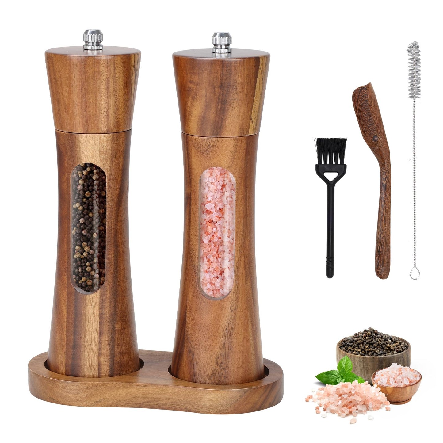 Foyucool 2 Pack Wooden Salt and Pepper Grinder Set, 8 inch Manual Salt and Pepper Mill with Brush and Spoon, Adjustable Coarseness, Refillable Pepper Grinder for Kitchen, Transparent