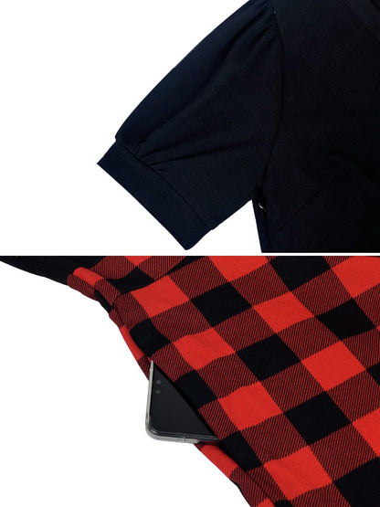 Mokayee Christmas Dresses for Women Buffalo Plaid Holiday Short Puff Sleeve Casual Semi-Formal Fit and Flare Modest Business Work Dresses L