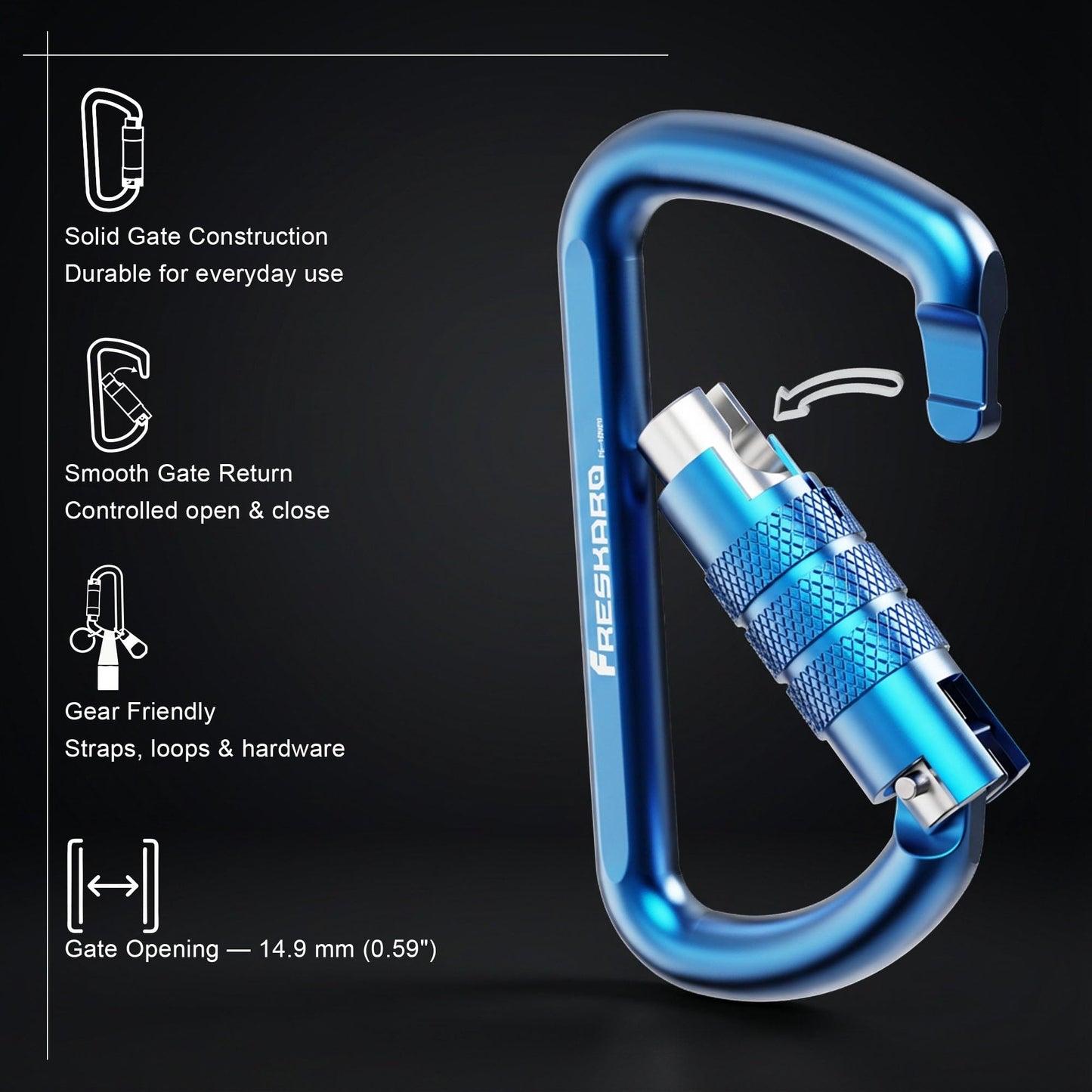 FresKaro 3 inch Locking Carabiner Clips-Twist Auto Lock Caribeener, Heavy Duty Keychain Key carabeaner Hooks, 7075 Aerial Aluminum Ultra Light, for Hammock, Hiking, Yoga Swing, Camping, 3pcs, Blue