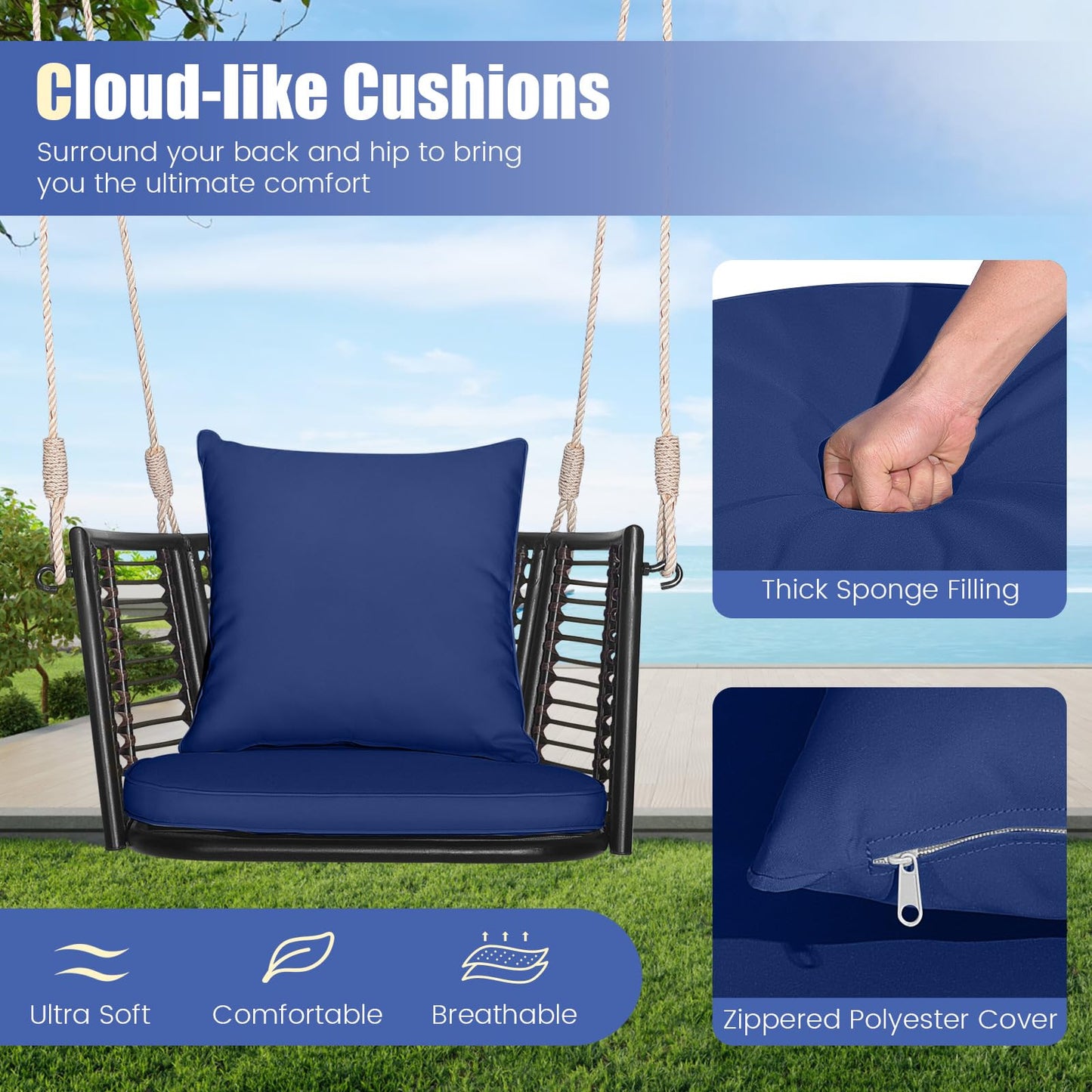 HAPPYGRILL Porch Swing Patio Hanging Rattan Basket Chair, Swing Hammock Chair with Seat Cushion & Back Cushion, PE Rattan, Sturdy Metal Frame, Wicker Hanging Rope Swing, (Navy)