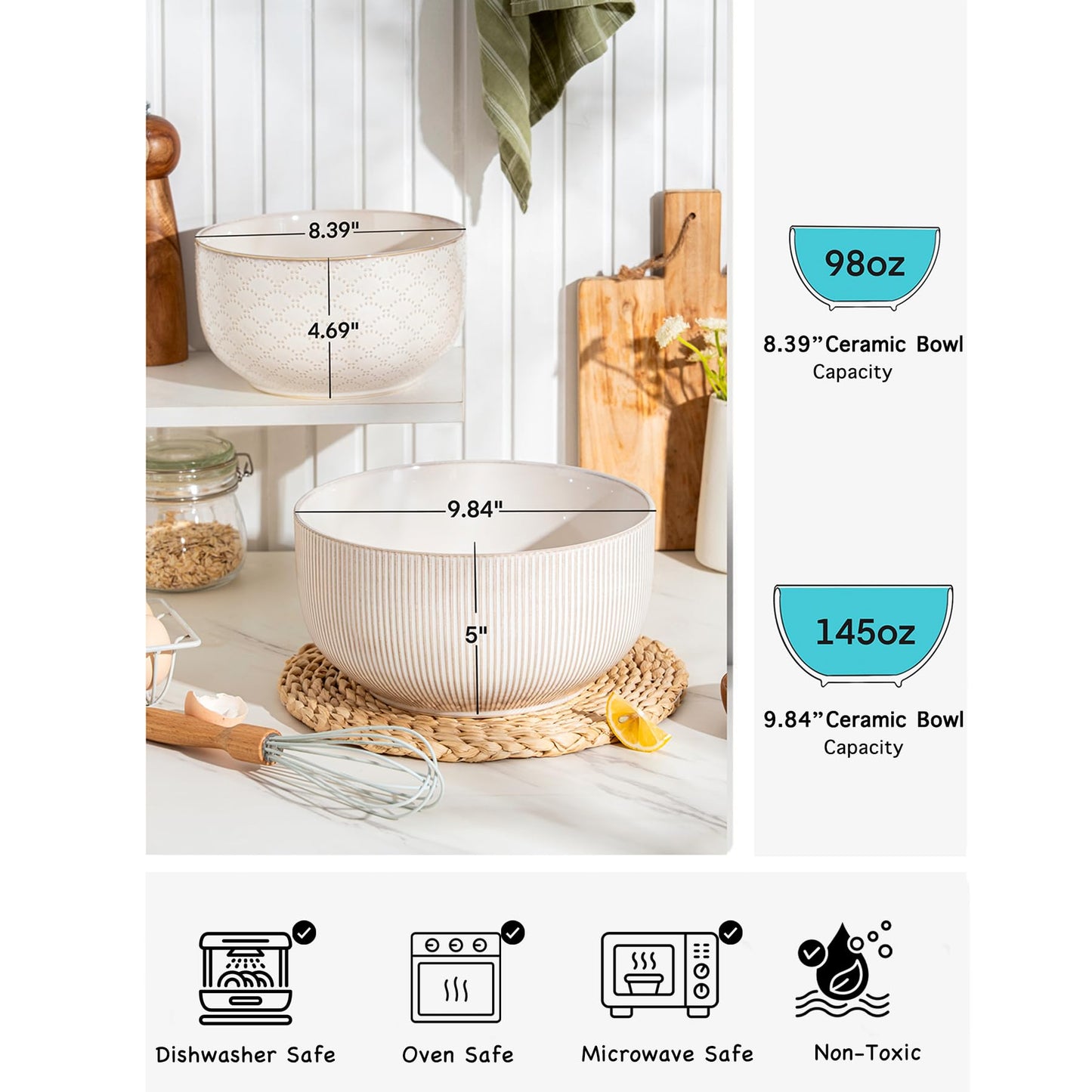Mikiegy Ceramic Mixing Bowls Set of 2, Nesting Ceramic Embossment Stoneware Mixing Bowls for Cooking, Serving, Popcorn, Salad etc, Microwave & Dishwasher Safe, 98/145 oz, Off-White