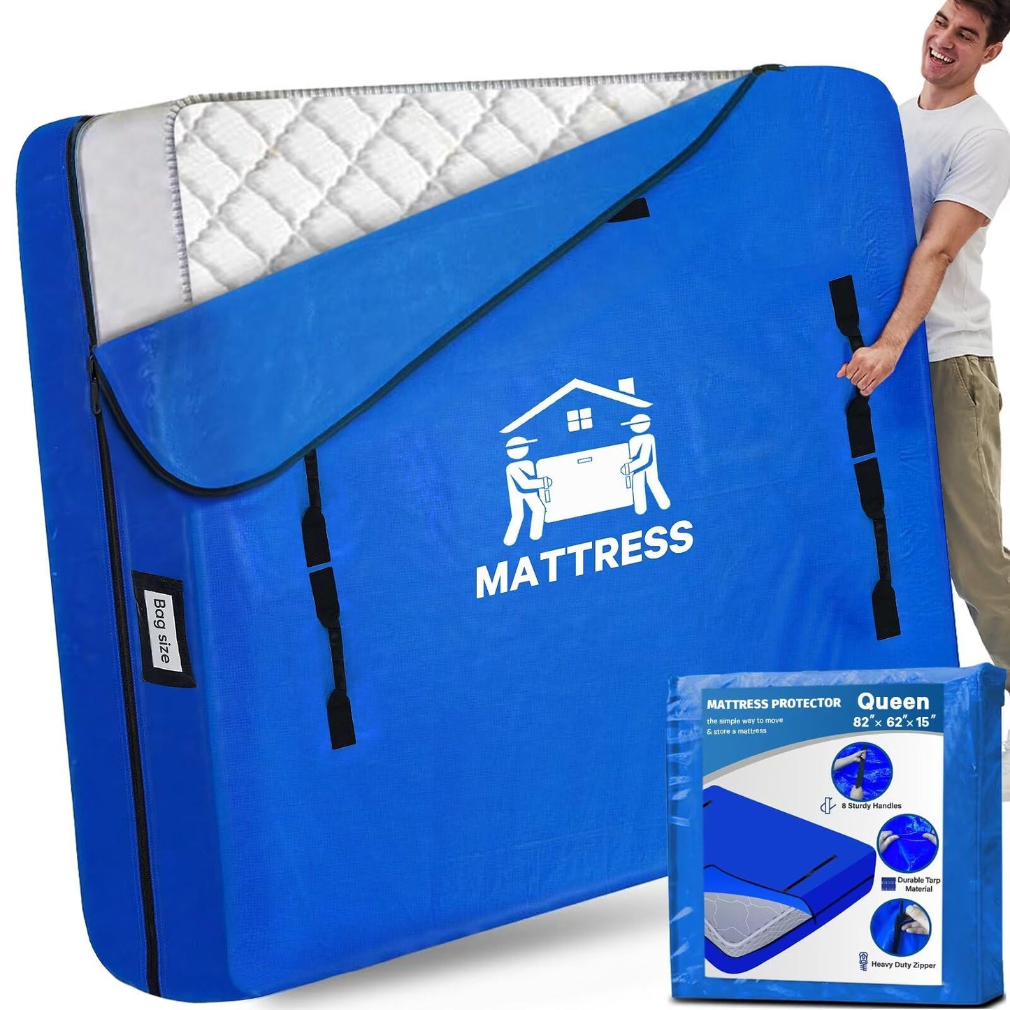 BETU Mattress Bags for Moving, Mattress Protector Waterproof Mattress Cover Queen Size Storage Bags with 8 Heavy-Duty Handles and Zipper for Bed Extra Thick Large Reusable (82"x62"x15" Blue)