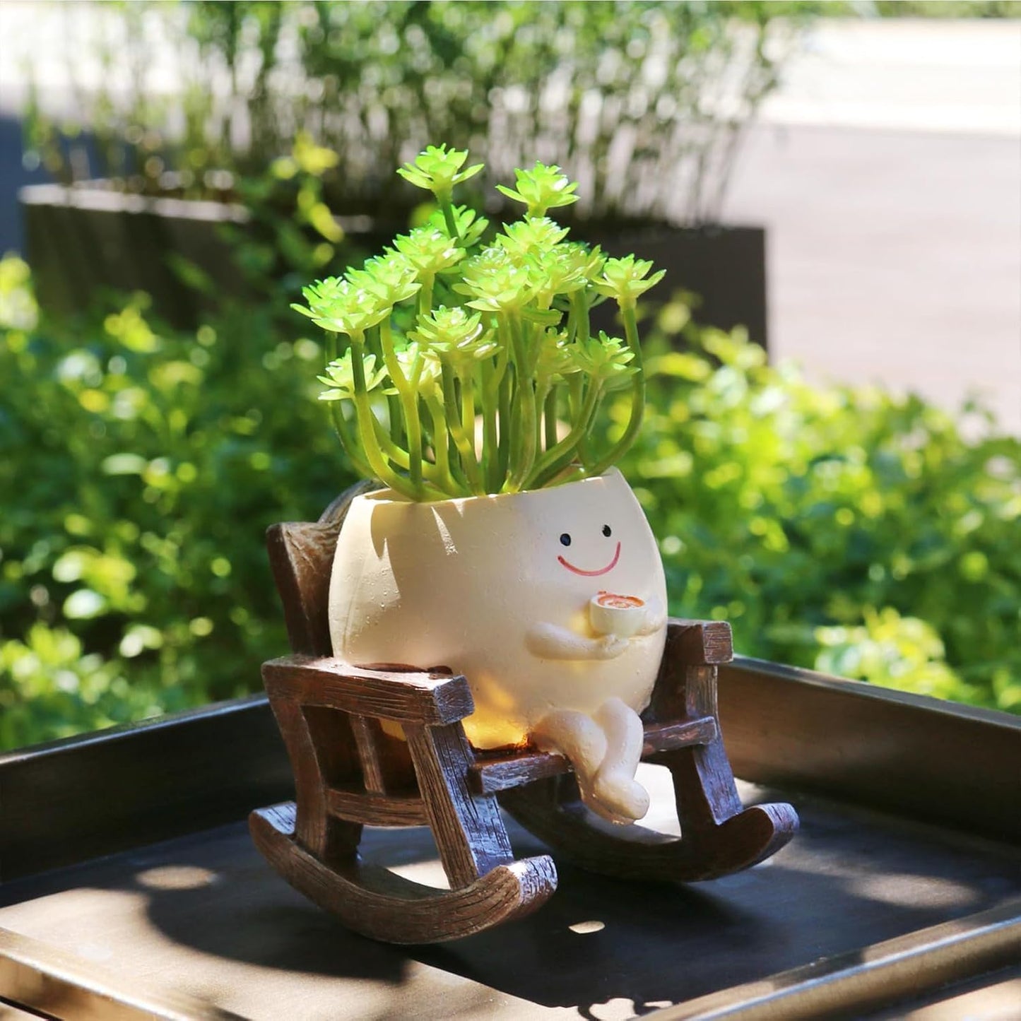 Smiley Face Planter Pot, Cute Rocking Chair Plant Pots for Indoor Outdoor, Unique Funny Drinking Coffee Flower Pot with Drainage Hole, Succulents Plant Gifts for Mother's Day, Birthday, Christmas