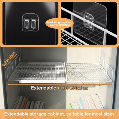 Colarr Adjustable Locker Shelf, Expandable Metal Locker Organizer Shelf 10.6-15 Inch, Heavy Duty Lockers Shelves with Support Adhesive Hooks to Fit School Classroom Office Gym Lockers(White)