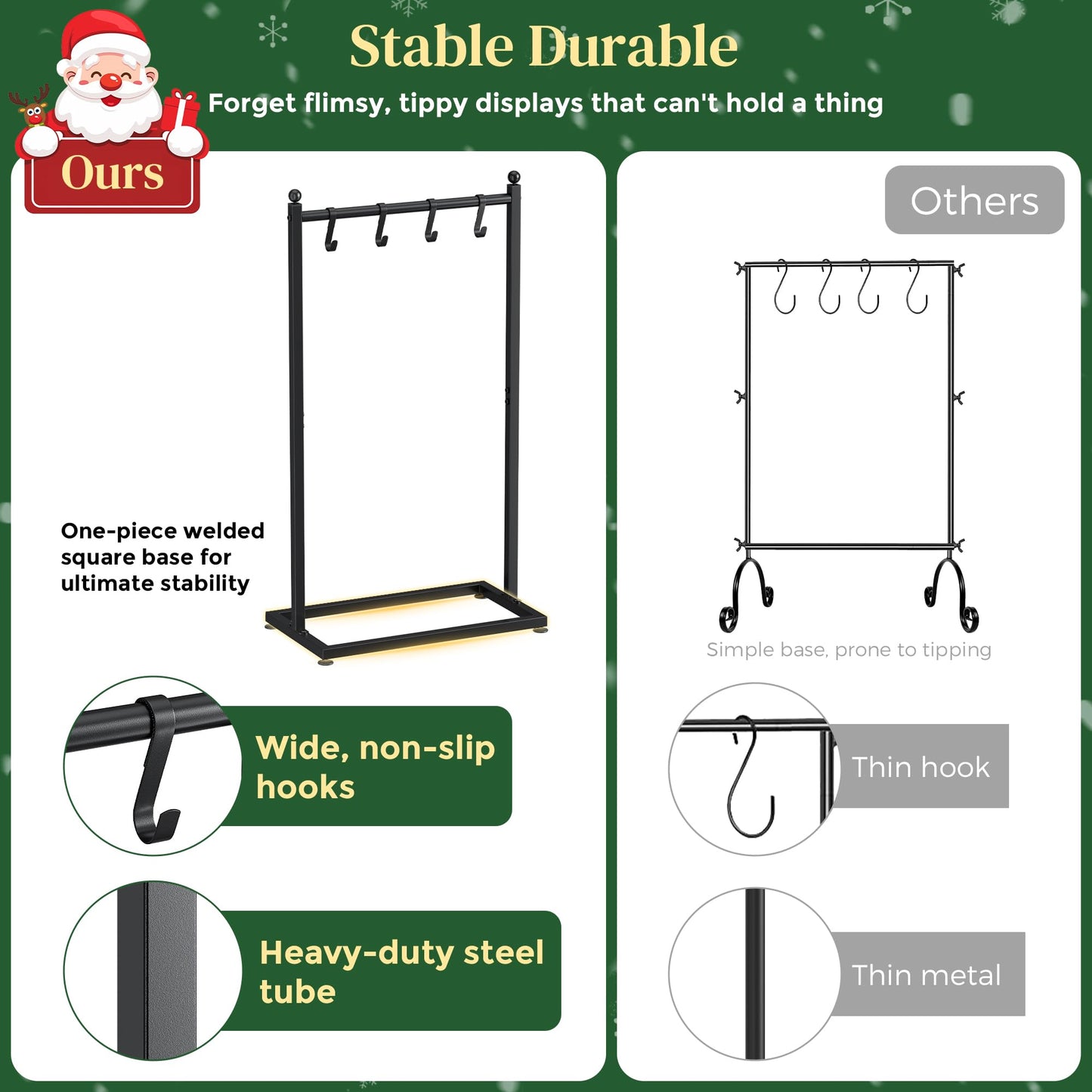 LAND·VOI Christmas Stocking Holder for Floor, Free Standing Metal Stocking Hanger with 4 Removable Hooks, Stable Base & Adjustable Feet, Black
