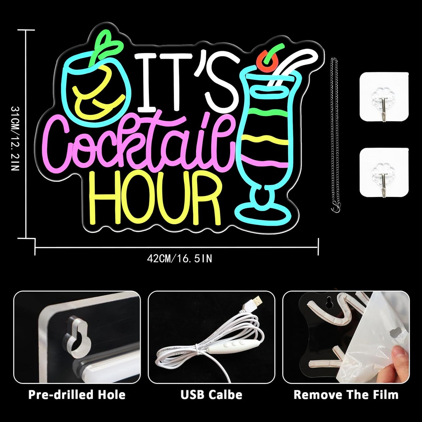 UExnkj-Y Cocktail Neon Sign It's Cocktail Hour Neon Light USB Dimmable LED Beer Signs for Beer Bar Coffee Cafe Home Pub Man Cave Stores Hotel Party Window Wall Decor Restaurant