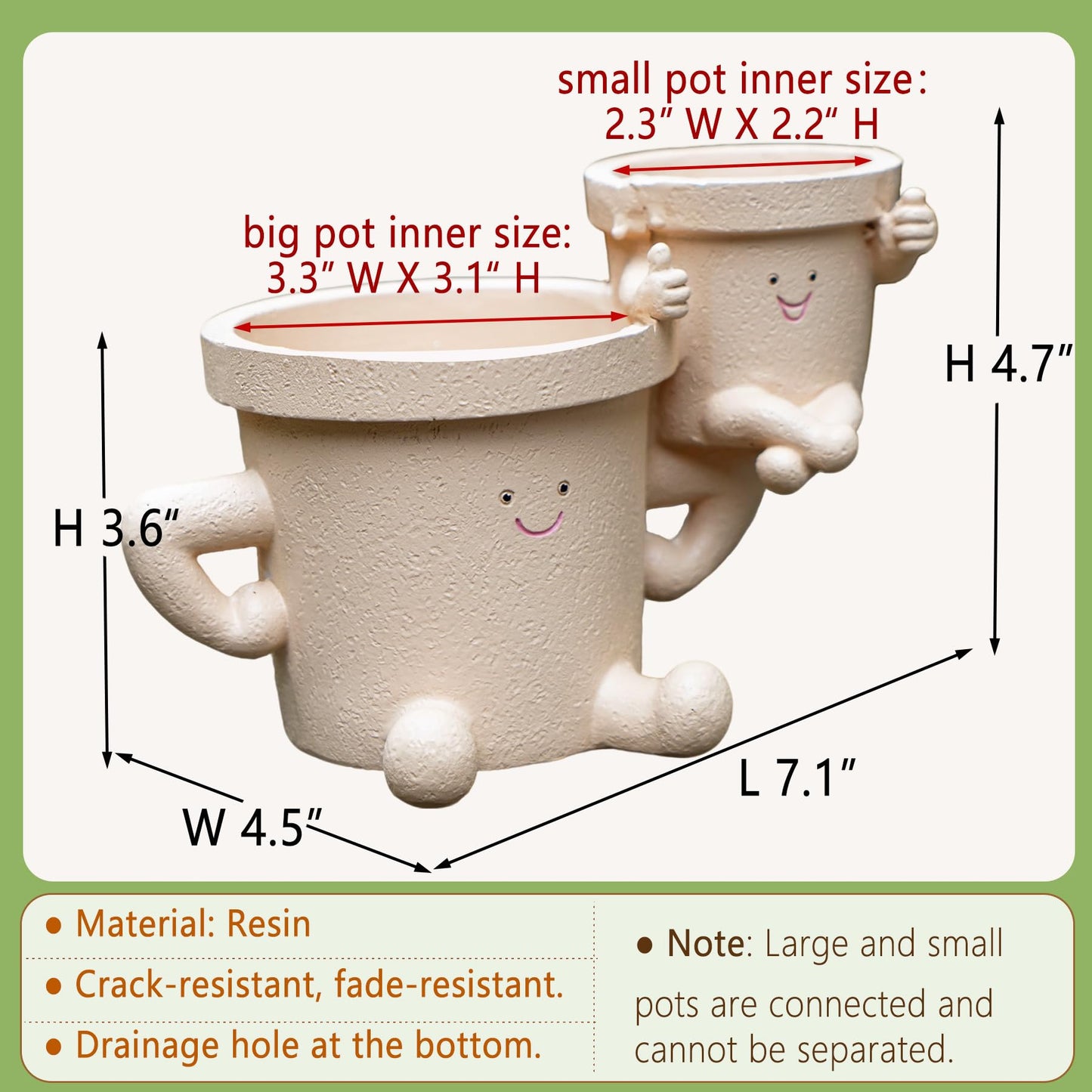 RZOIKZOI Funny Smiley Face Planter with Drainage Hole,Cute Thumbs Up Succulent Pots for Indoor/Outdoor Plants,2-in-1 Unique Novelty Flower Pot, Plant Gifts for Mother's Day, Birthday, Christmas(Khaki)