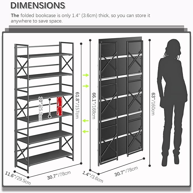 4NM Extra Wide 6 Tiers No Assembly Book Shelves, 61.8" H Folding Bookshelf