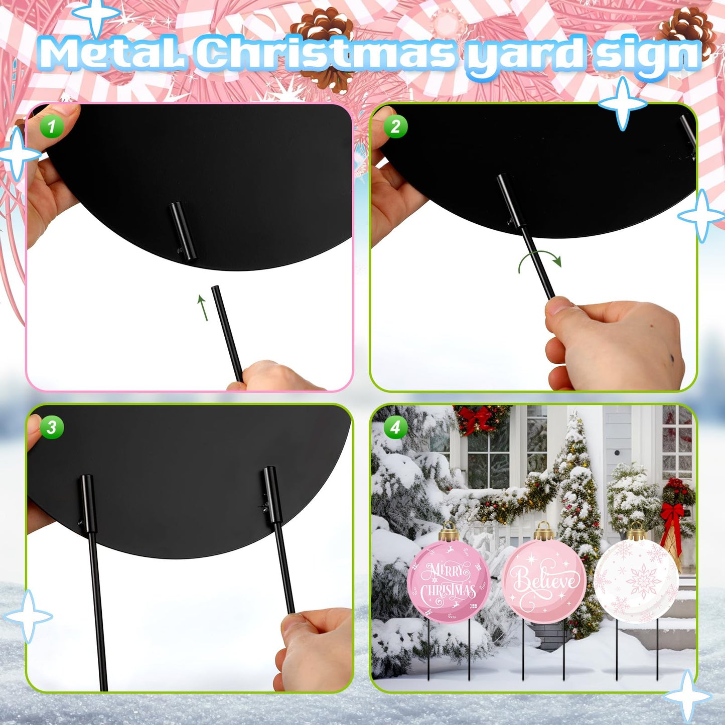 MorningRo 3 Pcs Pink Christmas Balls Yard Signs 20'' H Metal Outdoor Waterproof Xmas Yard Sign Stake with Snowflake Believe Merry Christmas Design for Porch Patio Lawn Garden Pathway Holiday Decor