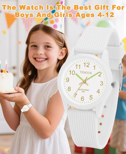 TENOCK Kids Analog Watches for Girls Boys Kids Watches with Soft Band Learning Time 50M Waterproof Children Watch Easy to Read for Ages 3-10 Children Great Birthday Gifts (White)