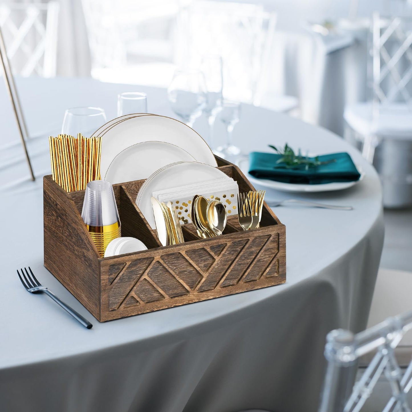 Ukonvi Paper Plate Dispenser, Paper Plate Holder for Kitchen Counter, Wood Rustic Silverware Utensil Caddy, Cutlery Flatware Organizer Box for Cups Spoons Forks Plates Napkins, Kitchen Accessories