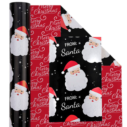 WRAPAHOLIC Reversible Vintage Christmas Wrapping Paper - Mini Roll - 17 Inch x 33 Feet - Black Jolly Santa Wrapping Paper and Red Merry Christmas Design with Metallic Foil Shine for Holiday, Party