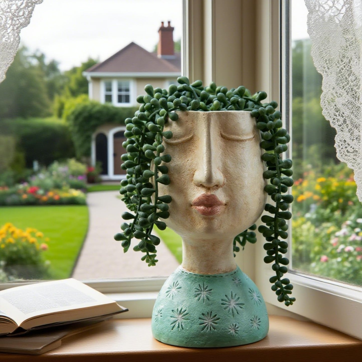 DiliComing Resin Face Planters Pots Head - 8 Inch Indoor and Outdoor Pot with Drainage Hole for Succulents Plants Home Garden Decor Unique Girl Sculpture Plant Pot
