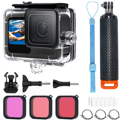 OKFUN Waterproof Housing Case with 3Pack Filters for Go Pro Hero 13 Hero 12 Hero 11 Hero 10 Hero 9 Black,Protective Underwater Dive Shell Monopod Floating Hand Grip Pole Stick Action Camera Accessory