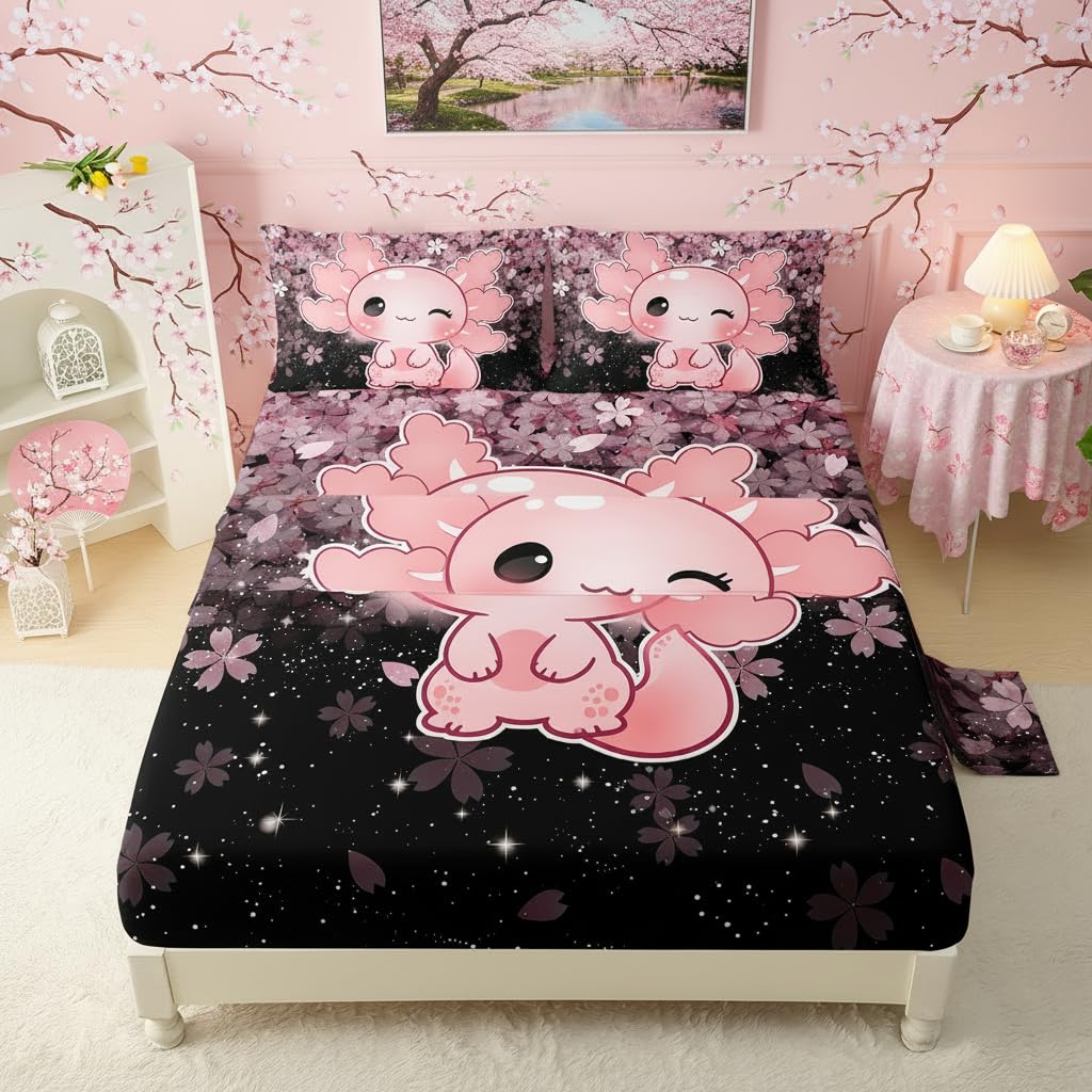 QOOMO Kawaii Axolotl Bedding for Boys and Girls Pink Cherry Blossom Super Soft Kids Bedding Set Sparkling Stars Breathable Room Decoration Queen Size 1 Fitted Sheet, 1 Flat Sheet, 2 Pillow Cases