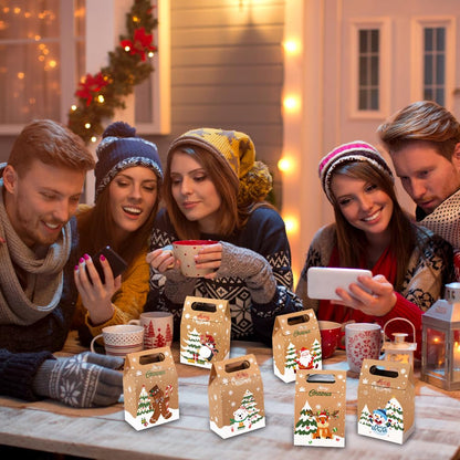 Vellibring 24PCS Christmas Kraft Candy Boxes, Kraft Paper Cookies Candy Treat Boxes Bags for Christmas Gift Wrapping Boxes Xmas Party Supplies Decorations