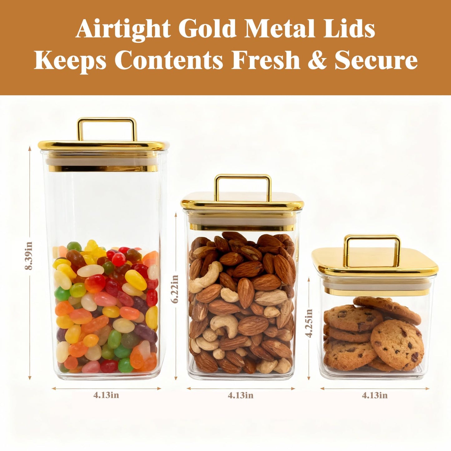Clear Acrylic 3-Pack Apothecary Jars with Gold Lids Airtight Decorative Containers for Bathroom, Kitchen & Home Elegant Canisters for Cotton Pads, Bath Salts & Snacks