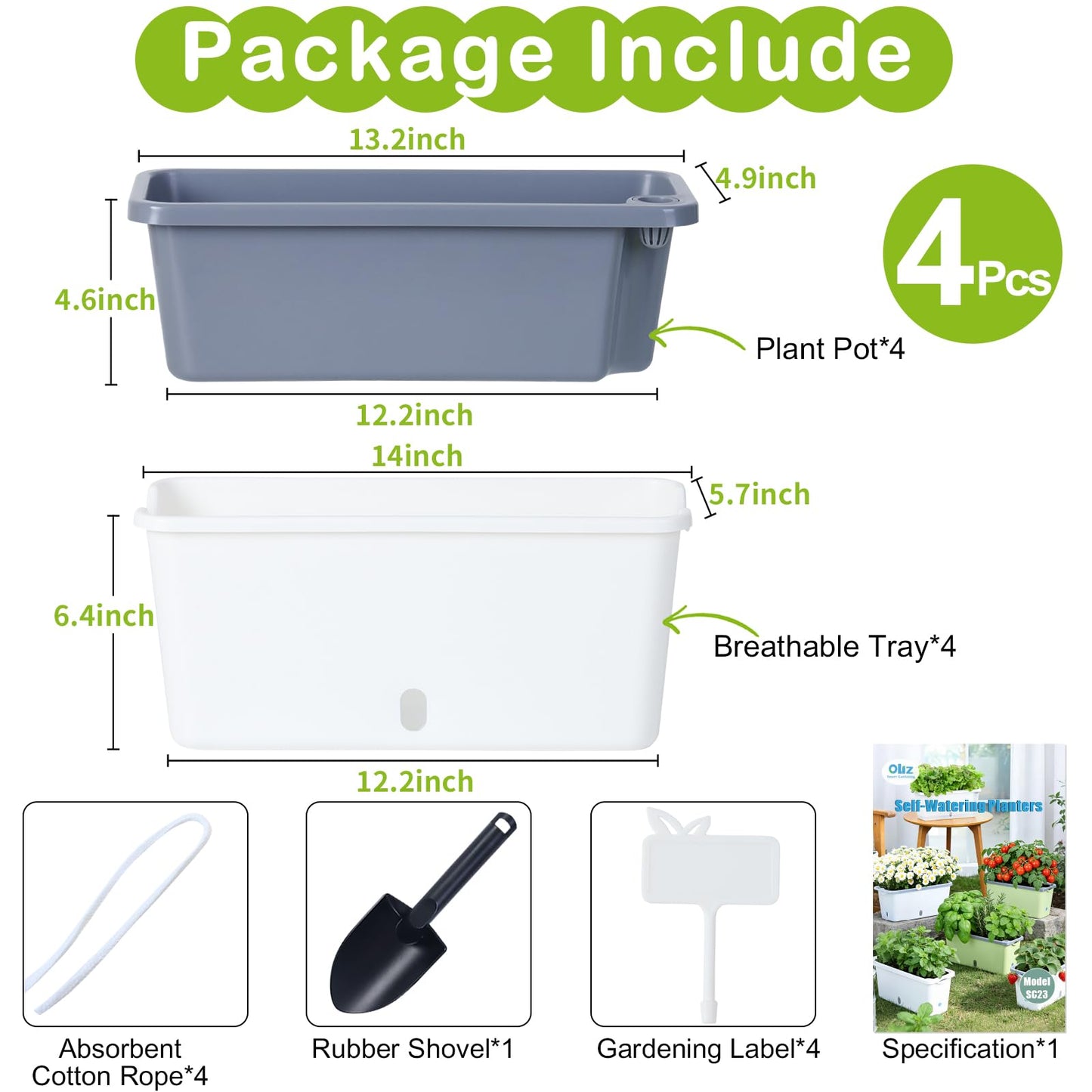 Oliz Window Box Planter 4 Packs, 14 Inches Rectangle Flower Pots with Breathable Drainage Holes, Pots for Vegetables, Herbs, Flowers, Garden Windowsill Balcony (White & Grey)