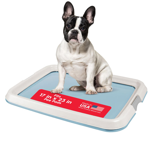 IRIS USA Pee Pad Holder - For Small Sized Dog and Puppy Pee Pads, Secured Latches, Non-Skid Feet, High Polish Finish for Easy Cleaning, Leak Protection, Fits 17"x23" Pad, Blue