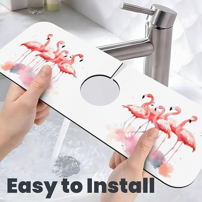 Kitchen Sink Splash Guard Faucet Mat Pink Flamingos Watercolor 15"x5.5"