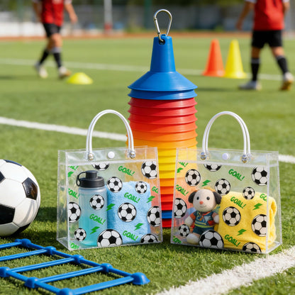 24Pcs Soccer Clear Goodie Bags - 7.9 x 7.9 x 3.15 Inch Plastic Favor Bags with Handles for Soccer Sport Theme Birthday Party, Team Treat Snack Bag, Gifts Bags for Team Celebration, Sports Party Supplies
