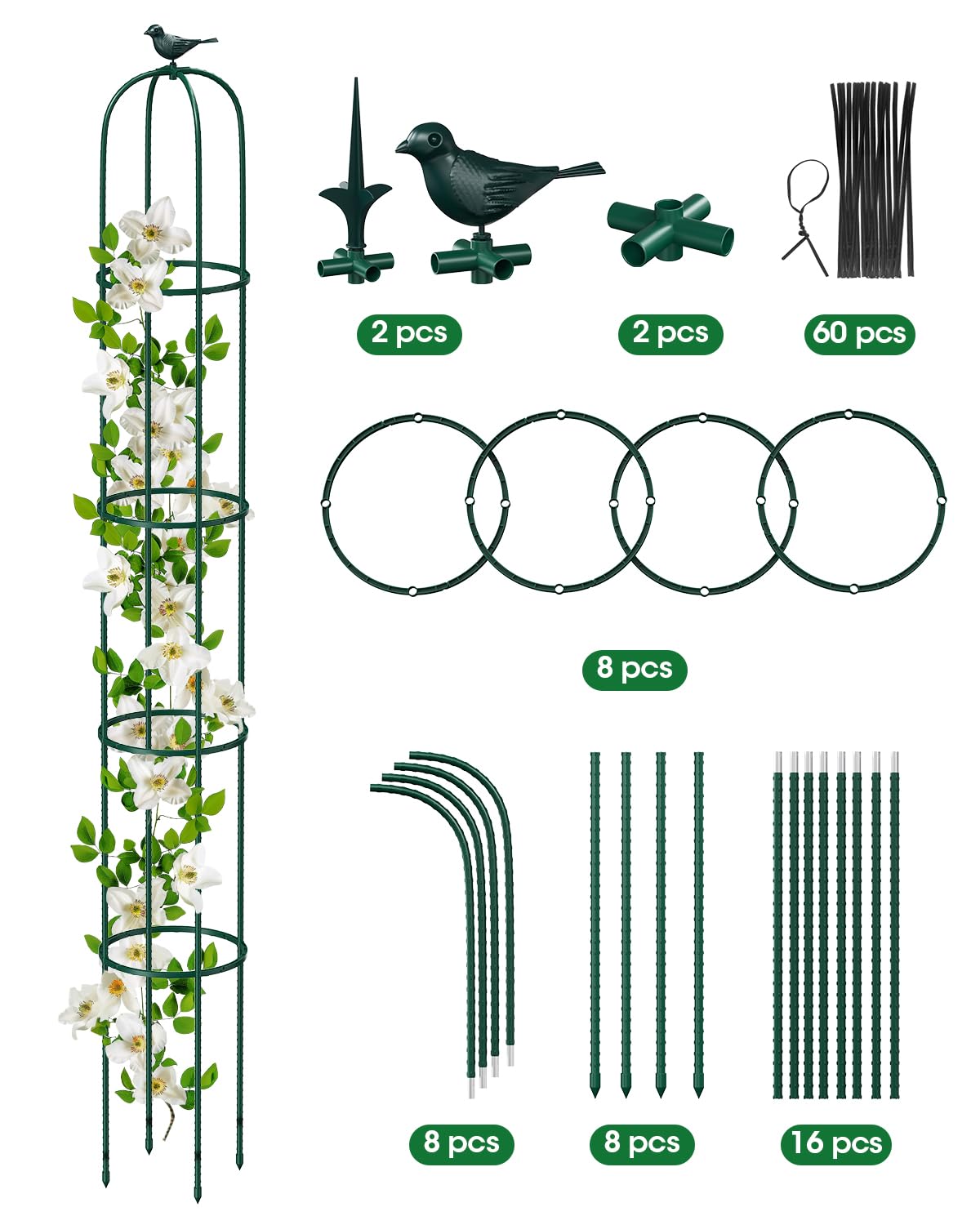 2PCS Garden Trellis for Climbing Plants, 6.2FT Rustproof Metal Pipe with Heavy Duty Plastic Coated, Garden Outdoor Indoor Potted Plant Support, Obelisk Garden Trellis for Climbing Vine (Green)