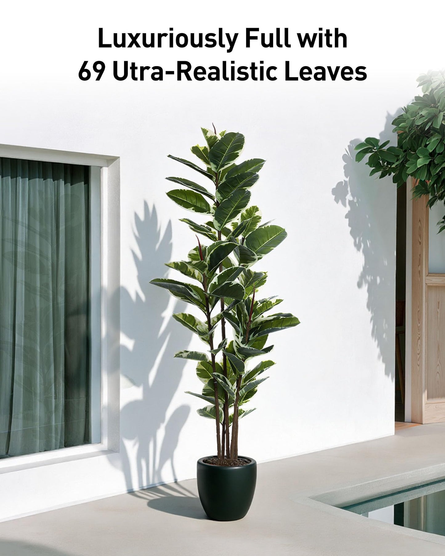 FLOWORLD Artificial Rubber Tree Plant 6ft Tall Faux Ficus Tree Potted Fake Tropical Plants Decorative House Plants Large Floor Artificial Trees for Home Office Decor, Without The Pot