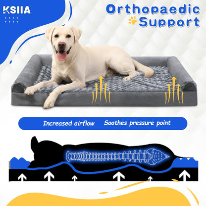 KSIIA Large Dog Bed, Orthopedic Dog Sofa Beds Pet Bed, Dog Couch with Removable Washable Cover, Waterproof Dog Bed, Pet Sofa with U-Shape Bolster, Grey 90x57x16cm