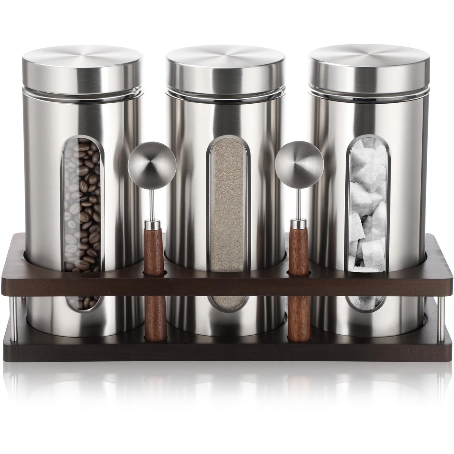 Suclain Stainless Steel Coffee Grounds Canisters with Shelf 3 x 50oz Sugar Coffee Bean Storage Container with Airtight Threaded Lid Glass Window Scoop Kitchen Jar Set for Bar Creamer Nut Tea