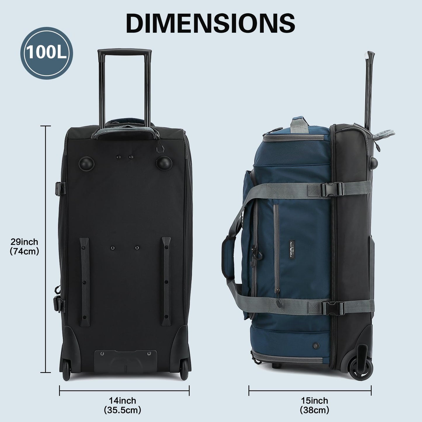 TONRUYN 100L Large Rolling Duffle Bag with Wheels and Handle, 29inch 2-Wheeled Travel Duffel Luggage with Rollers, Rolling Gym Bag with Shoe Compartment & Wet Pocket, Double-layer Space, Blue