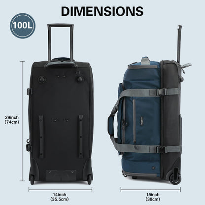TONRUYN 100L Large Rolling Duffle Bag with Wheels and Handle, 29inch 2-Wheeled Travel Duffel Luggage with Rollers, Rolling Gym Bag with Shoe Compartment & Wet Pocket, Double-layer Space, Blue