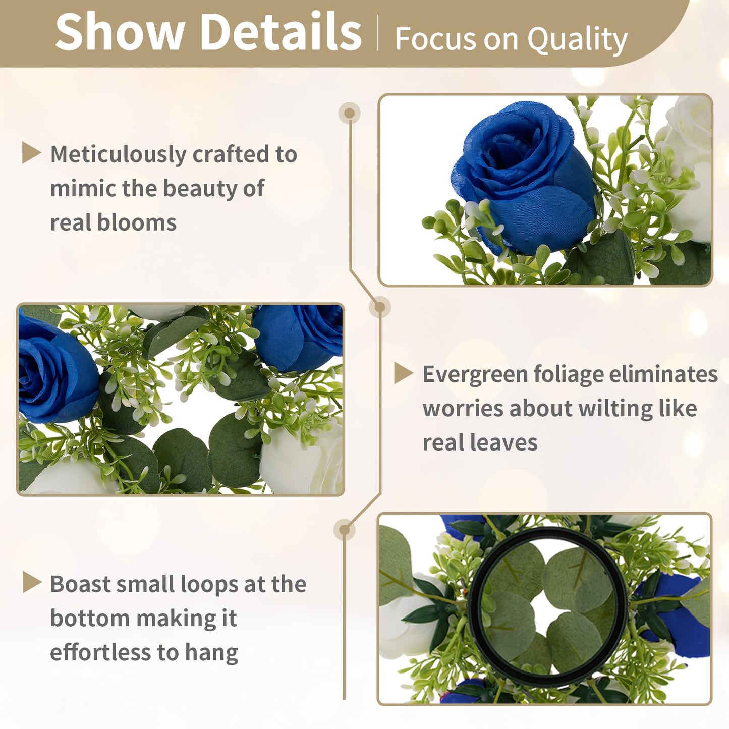 NUPTIO Small Wreath for Table Centerpieces: 9.05 Inch Royal Blue & White Flower Candle Rings for Wedding Party Christmas - Rose Wreaths for Spring Summer Front Door Porch Decor 6 Pcs