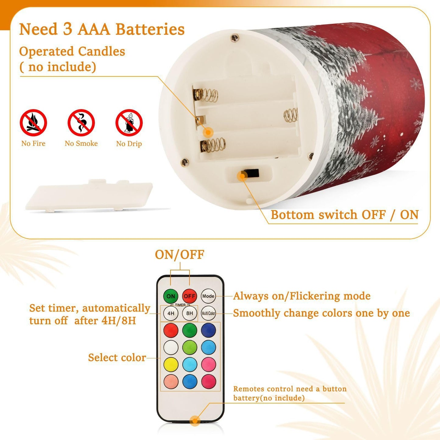 senya Christmas Lights Flameless Candles Christmas Trees Snowflakes Print Pillar Candles Set of 2 Battery Operated Remote Control Warm Lights Home Decor