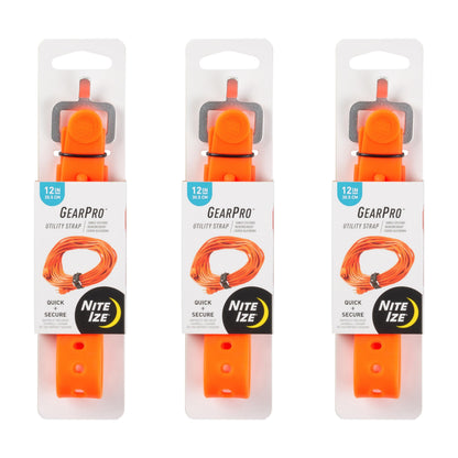 Nite Ize GearPro Utility Strap - Durable All-Purpose Utility Rubber Strap with Aluminum Buckle - Secure Equipment & Gear - UV-Resistant & Stretchy - 12", Bright Orange (3 Pack)