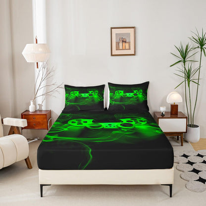 Gamer Fitted Sheet Set Twin Size for Boys Gaming Fitted Bed Sheets for Kids Boys Gamer Room Decor Black Green Smoky Gamepad Games Deep Pocket Trippy Geometric No Top Flat Sheet with 1 Pillow Case