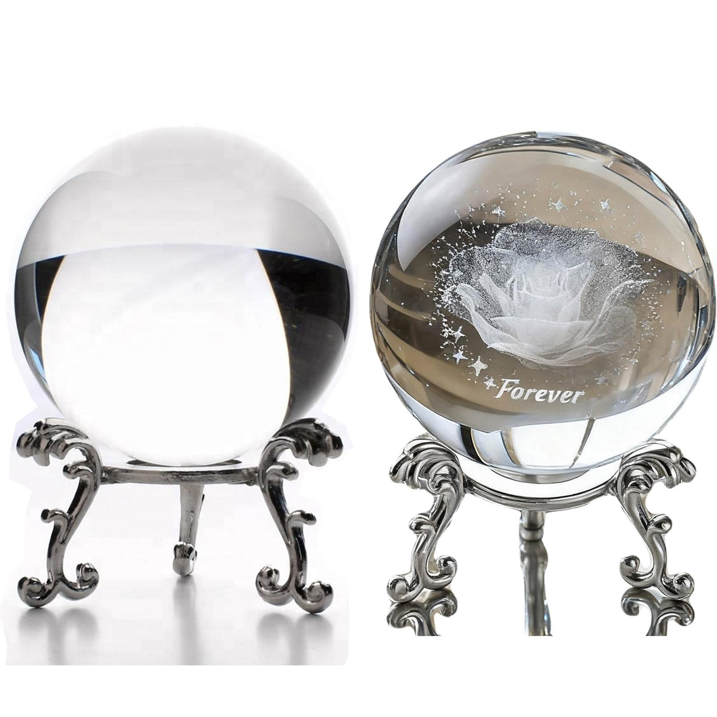 2Pcs Crystal Balls with Silver Stands - 3D Laser Engraved Rose & Clear Crystal Sphere Set, Decorative Paper Weights, Home & Party Decor, Photography Props,Birthday Gifts for Girls Women & Mom