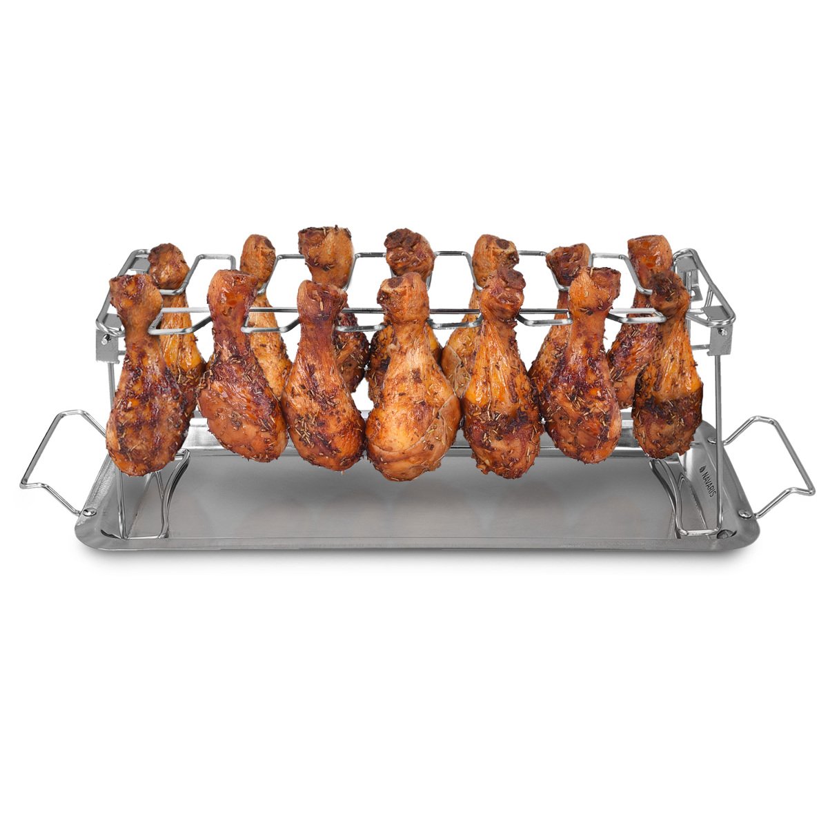 Navaris Stainless Steel Grill Tray - 2 in 1 Stand for 12 Chicken Legs or Wings - Grilling Accessory for Barbecue Grill Oven with Dip Tray