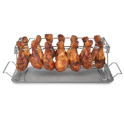 Navaris Stainless Steel Grill Tray - 2 in 1 Stand for 12 Chicken Legs or Wings - Grilling Accessory for Barbecue Grill Oven with Dip Tray