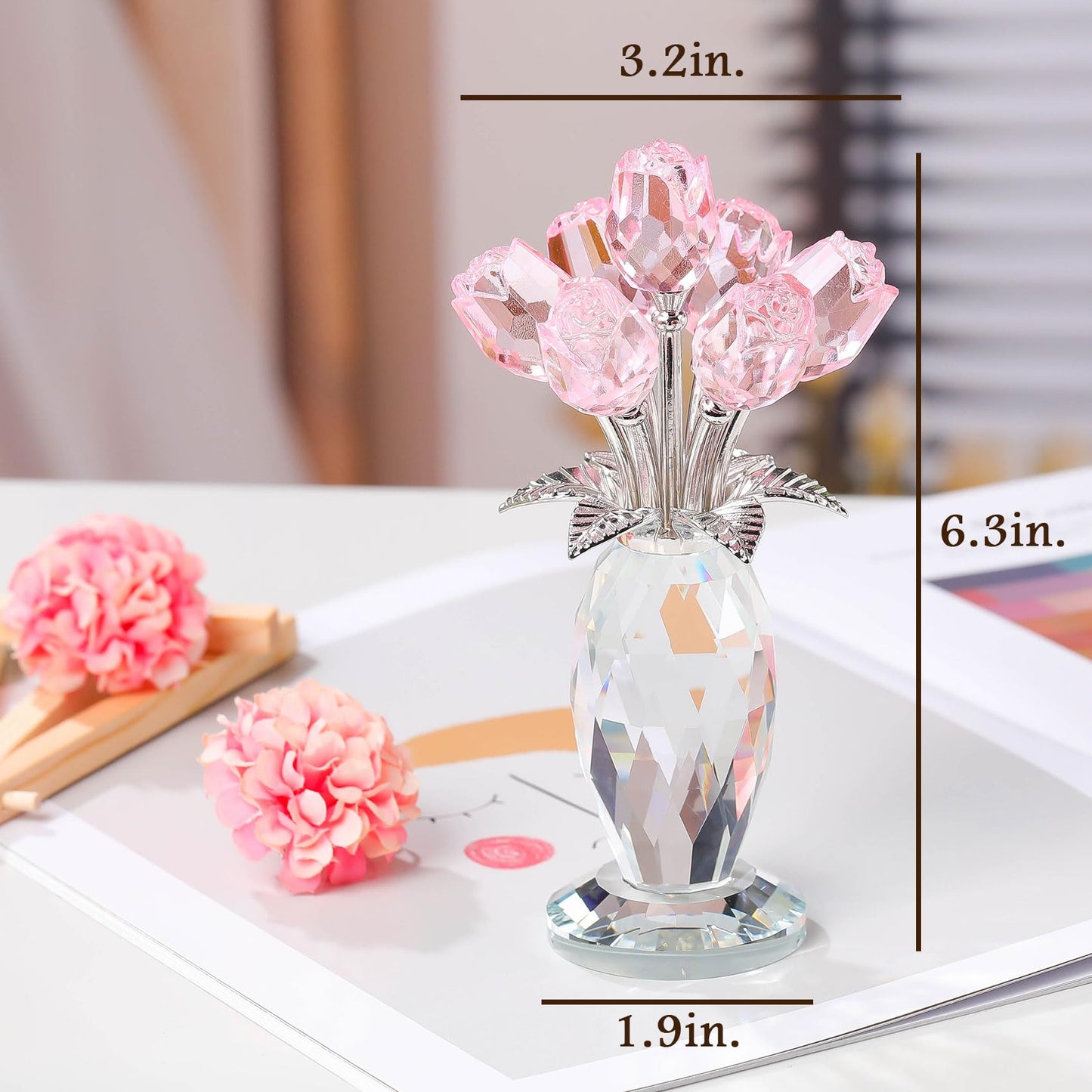 Movdyka Glass Rose Flower Pink Bouquet Crystal Figurines Home Decor