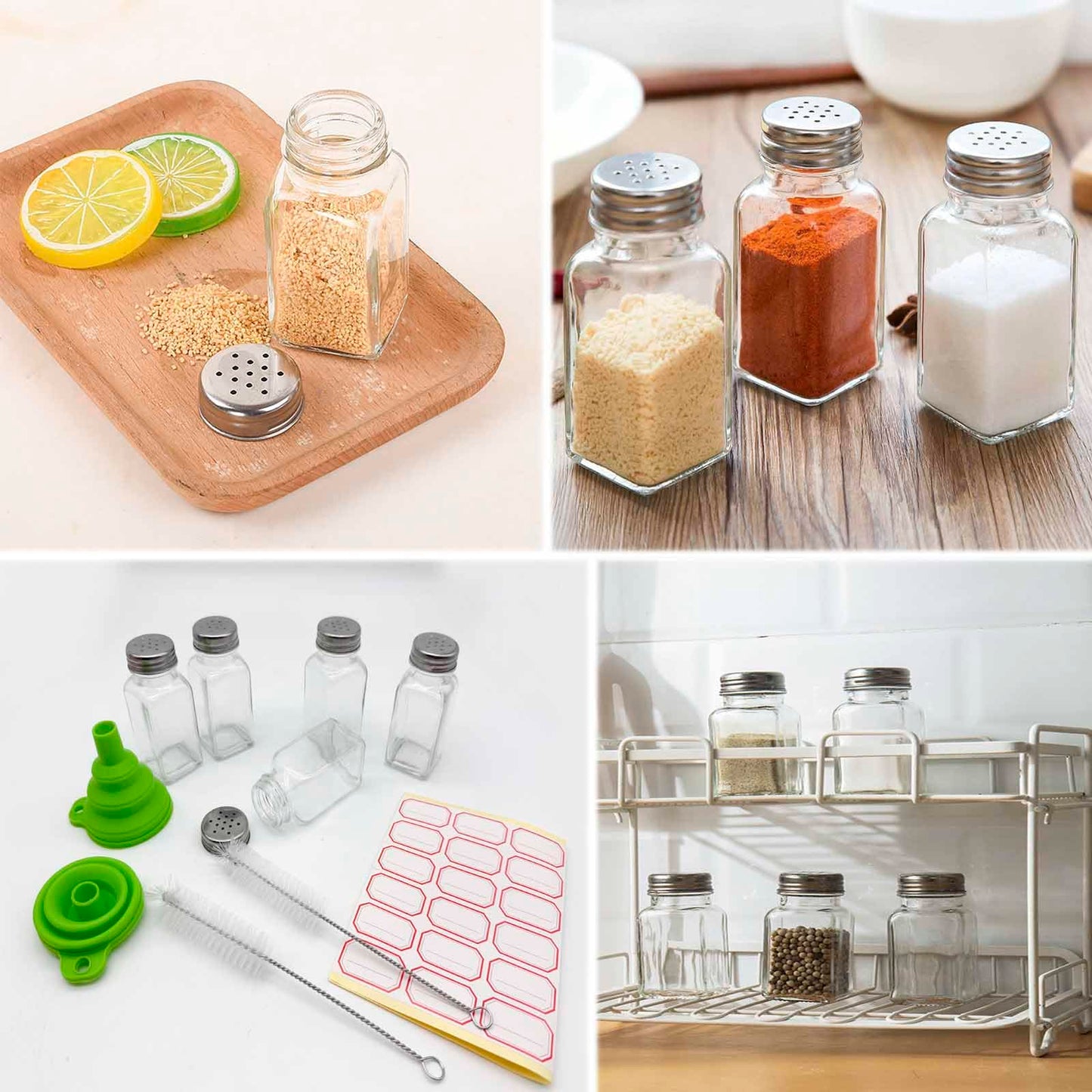 QISF 24 Pack Glass Salt and Pepper Shaker Set with Brush and Foldable Funnel, 1.75" x 3.75" Clear Spice bottle for Kitchen, Restaurants, Catering