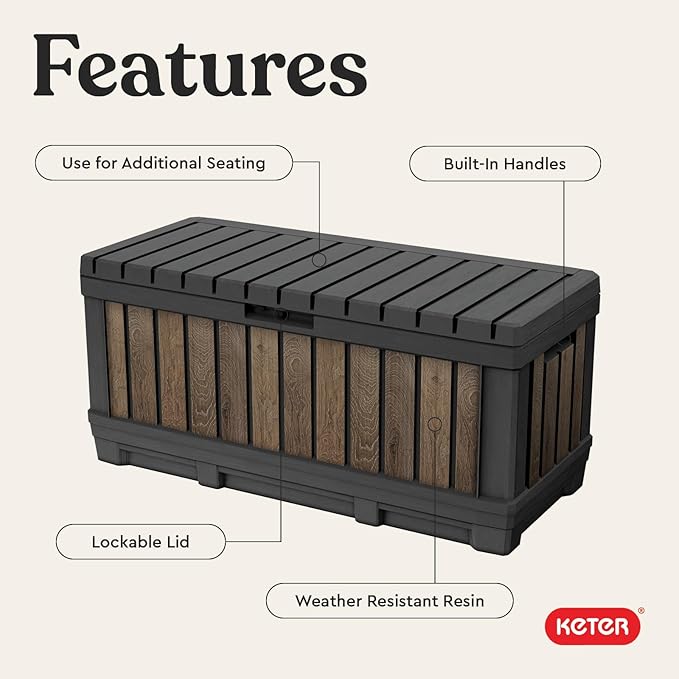 Keter Signature Collection 92 Gallon Resin Deck Box Organization and Storage Box for Patio Outdoor Cushions, Throw Pillows, Garden Tools and Pool Supplies, Walnut