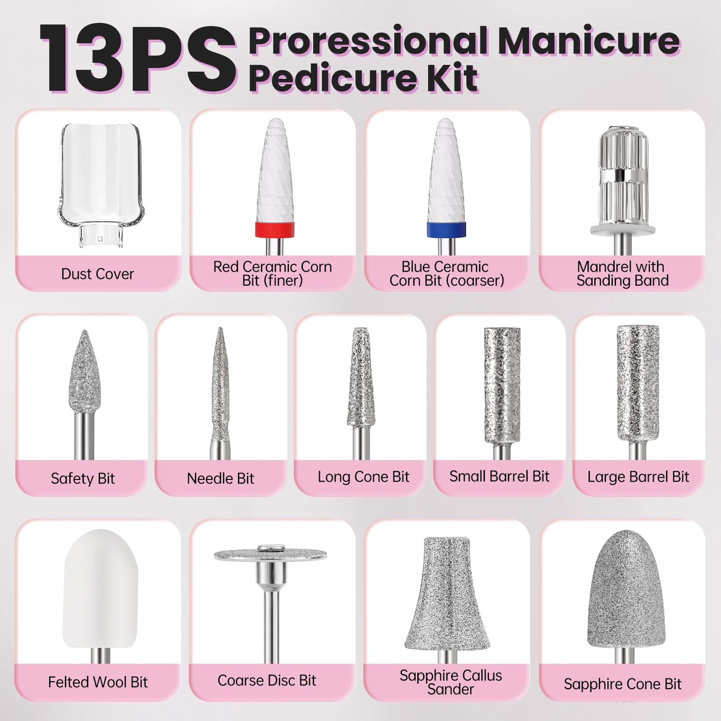 Electric Nail Drill, Cordless 2000 mAh Rechargeable Portable Nail File 12 in 1 Kit for Thick Toenails, 10 Speeds Nail Dril Machine Professional Manicure Pedicure for Hand Natural Nails Care (White)