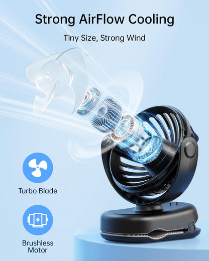 SWEETFULL Stroller Fan with Clip - Portable Rechargeable Mini Fan with Strong Clamp, 3 Speeds, 11Hrs Cooling, Cute Small Personal Desk Cooler for Bed Pet Carriers Umbrell Travel Outdoor - Black