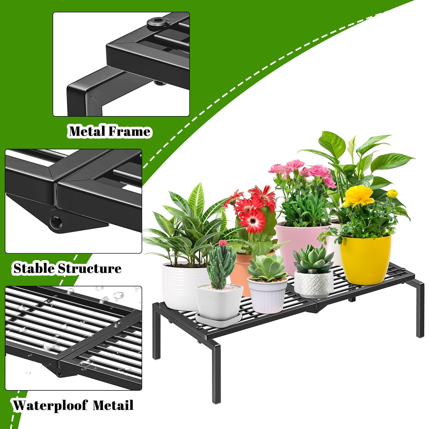 Gouisalin 1 Tier Metal Plant Stand Indoor Outdoor, Potted Multiple Flower Pot Holder Rack Plant Shelf, Heavy Duty Planter Display Shelving for Patio Balcony Garden Living Room Decorative (Black)