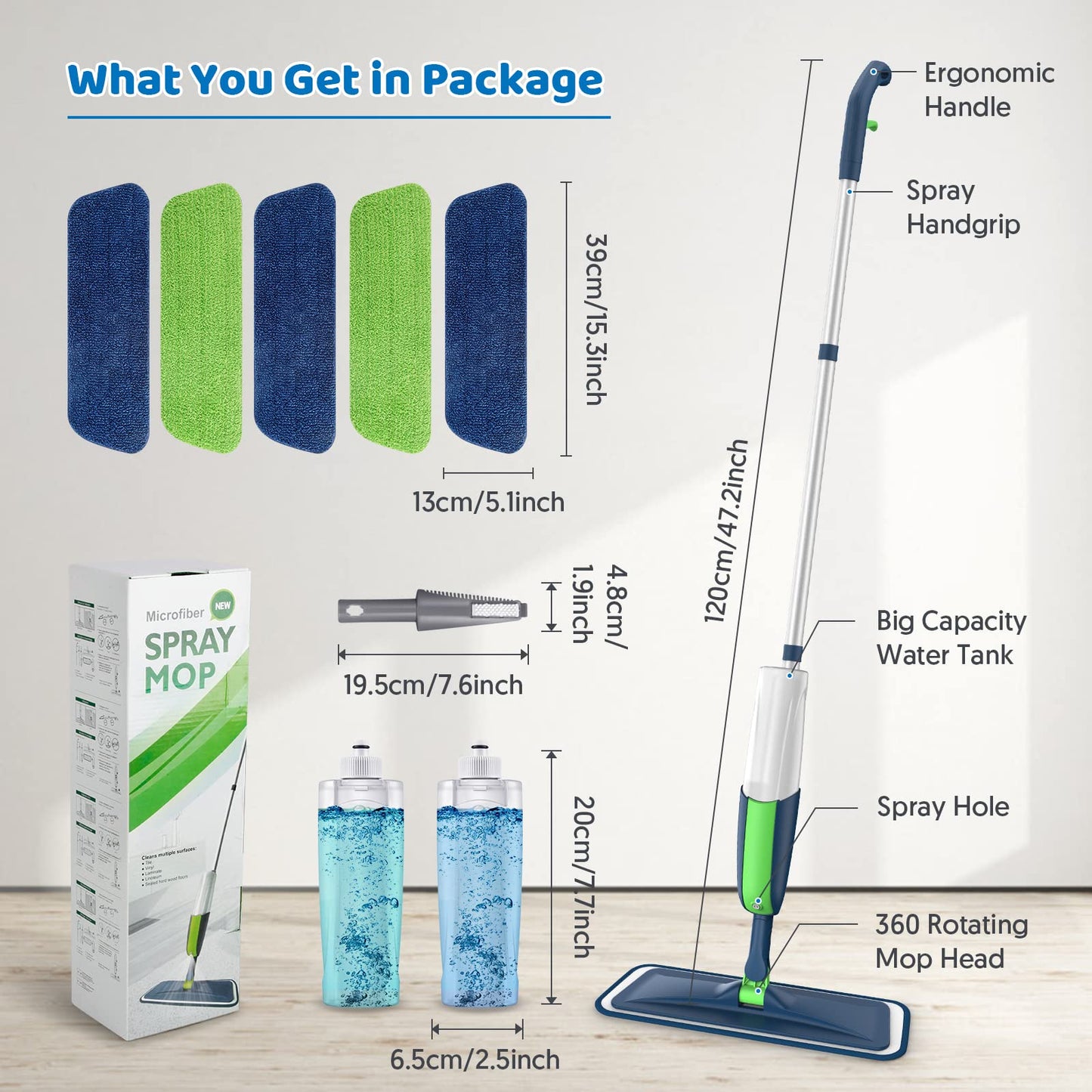 Spray Mops Microfiber Floor for Cleaning -MEXERRIS Wet Dust Mop with 2 Refillable Bottle and 5 Pads Hardwood Laminate Vinyl Ceramic Floors Cleaning, Green