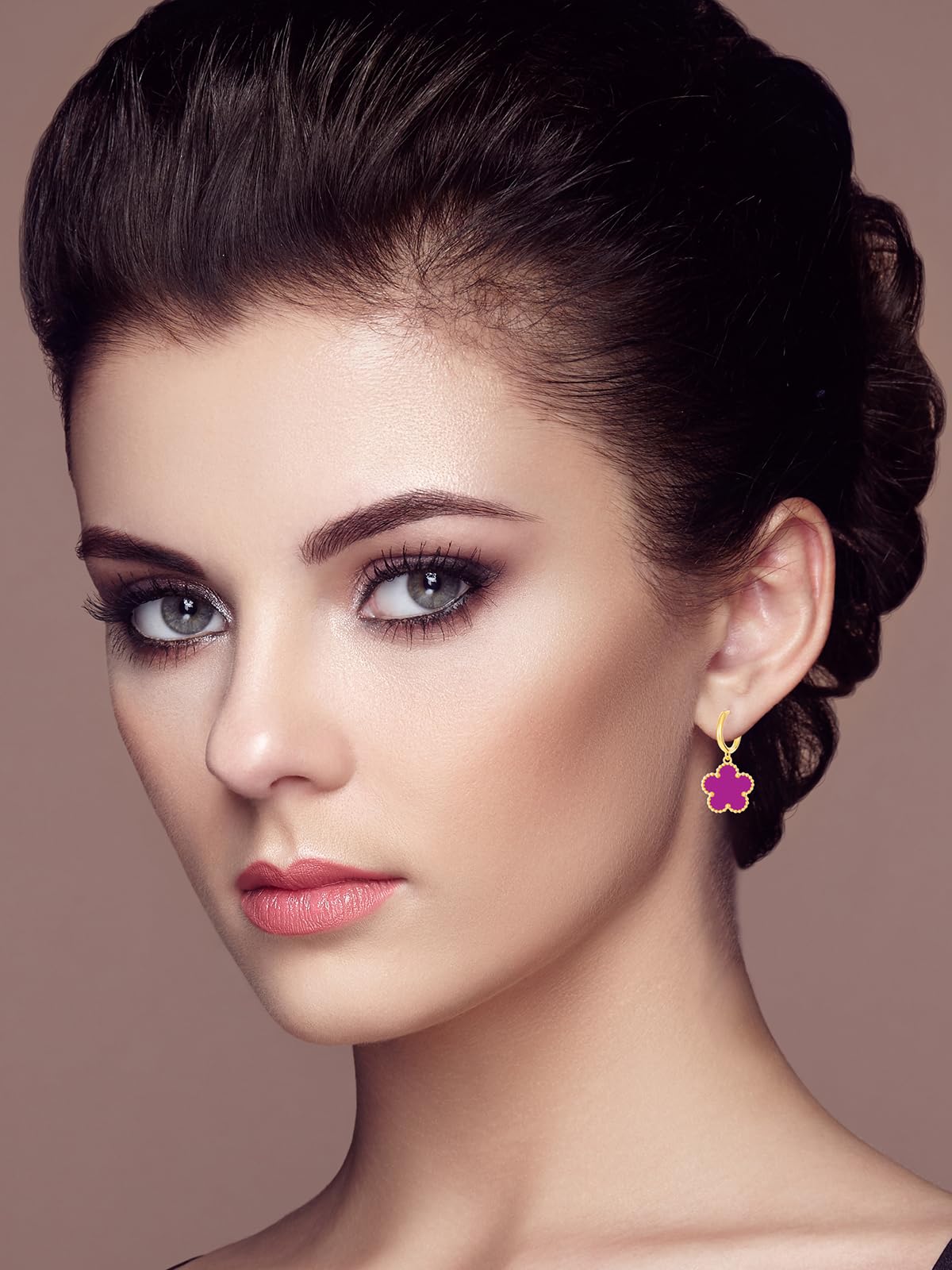 Gold Plated Five Leaf Clover Dangle Dot Earrings for Women Lucky Flower Jewelry (Purple-14K Gold Plated)