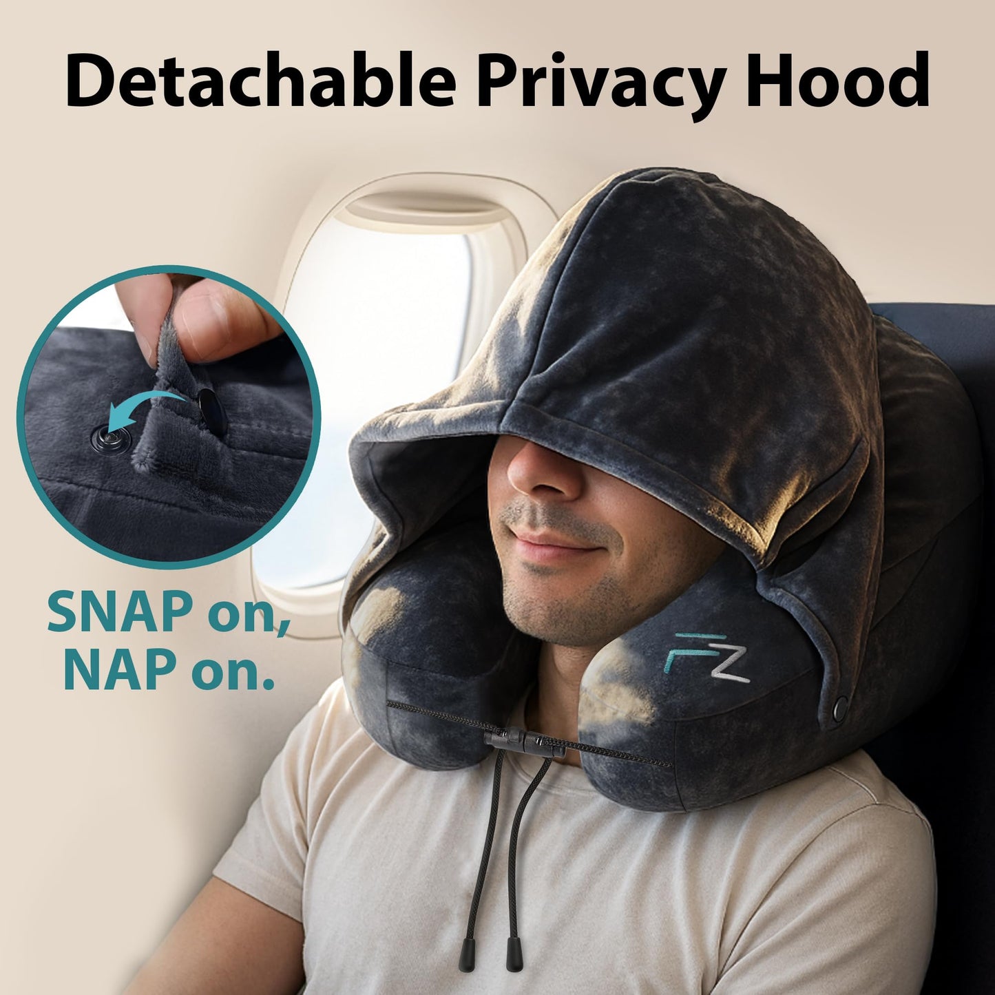 FLOWZOOM Air Inflatable Neck Pillow for Travel – H-Shape Airplane Pillow with 5 Sleeping Positions, Quick Inflation, Adjustable Pressure, Detachable Hood, Soft Plush Cover – Size M, Black