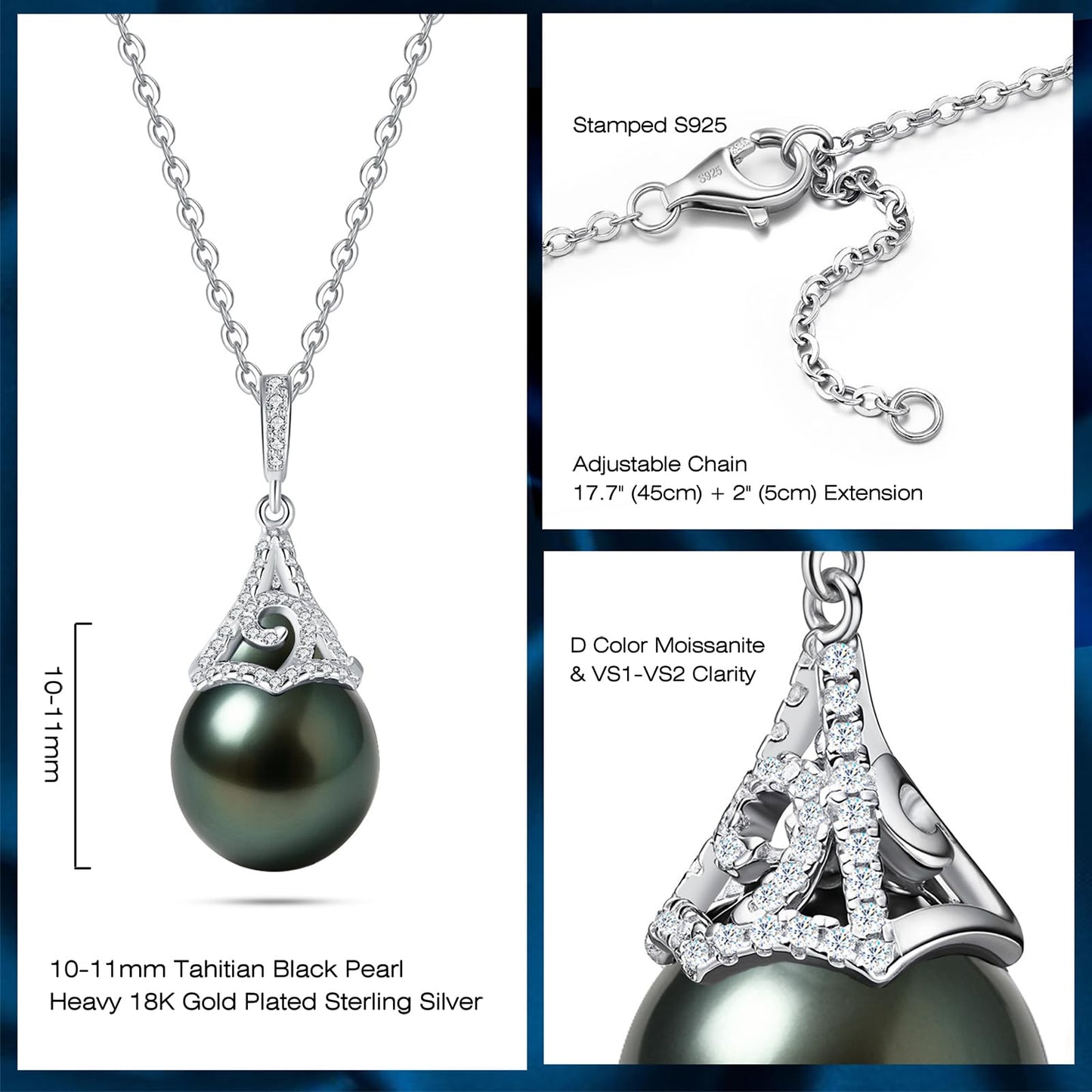 Genuine Tahitian Black Pearl Necklace - Christmas Gift for Wife Mom Daughter Sister Women, Jewelry Gifts for Wedding Anniversary Birthday, 10-11mm Seawater Pearl Sterling Silver Moissanite Pendant