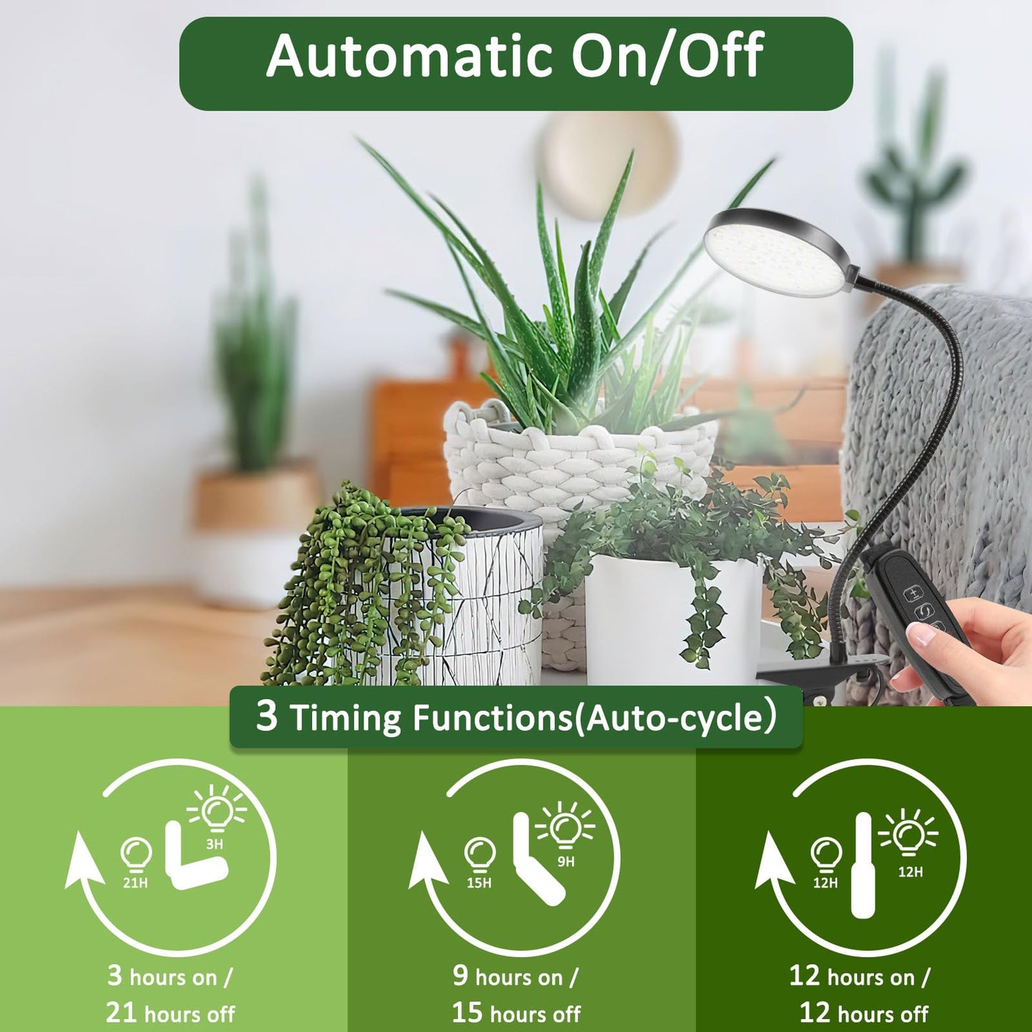 Bufccy Indoor Plant Grow Light, 6000K Full Spectrum LED, Auto On/Off Timer, 9 Dimming Levels, 360 Adjustable Gooseneck, Modern Style, Black