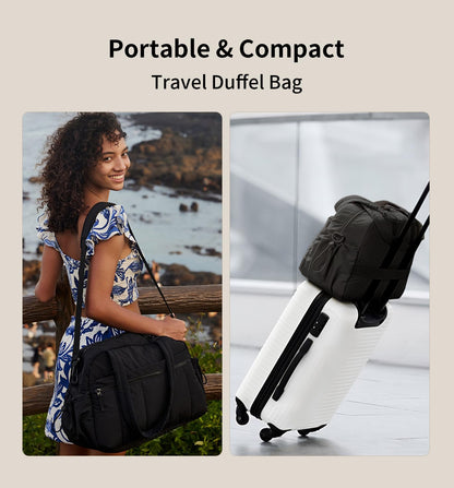 Travel Duffle Gym Bag for Women, Lightweight Puffer Carry on Weekender Bags with Wet Pocket Tote Yoga Workout Bag (Black)